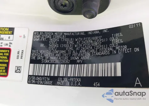 2011 Toyota Sienna Le V6 z USA, uszkodzony, nr VIN 5TDKK3DC2BS128362